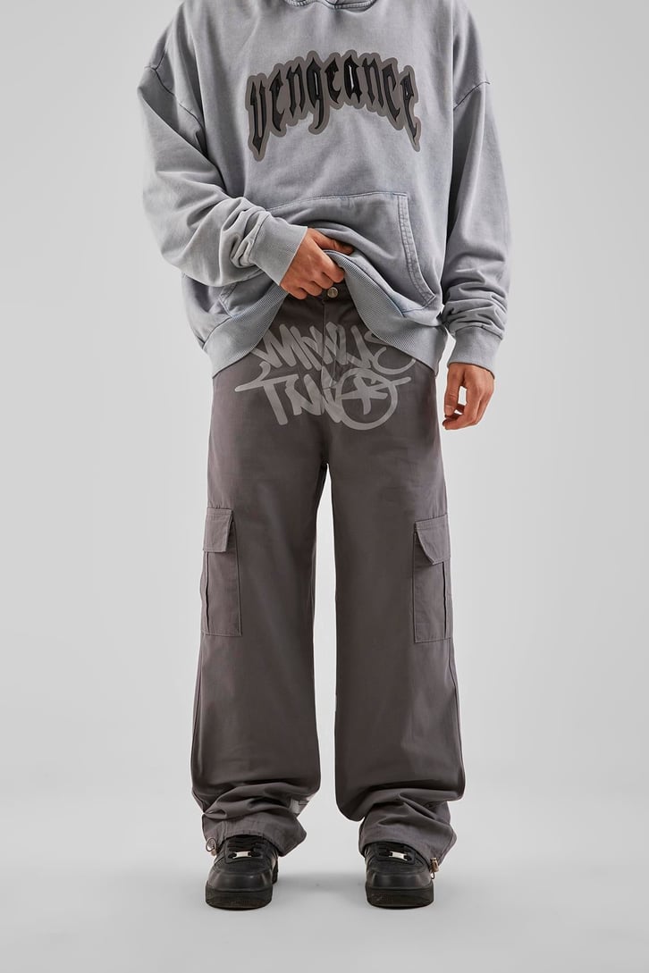 Yazı Baskılı Gri Baggy Pantolon