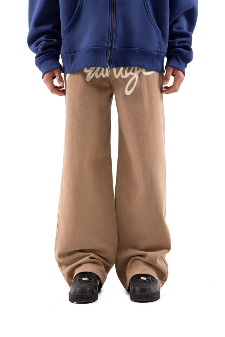 Yazı Baskılı Kahverengi Baggy Pantolon