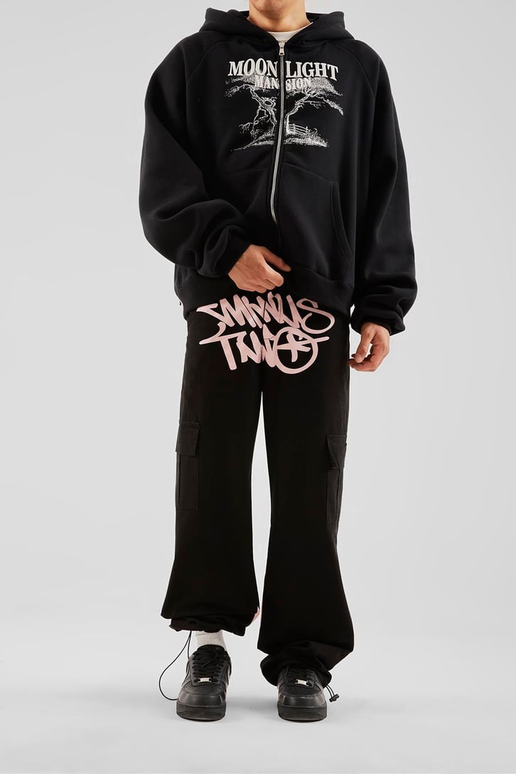 Yazı Baskılı Siyah Baggy Pantolon
