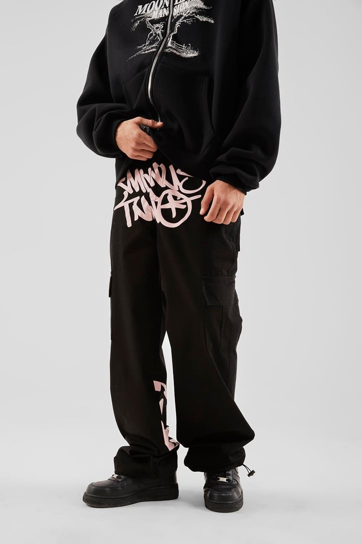 Yazı Baskılı Siyah Baggy Pantolon