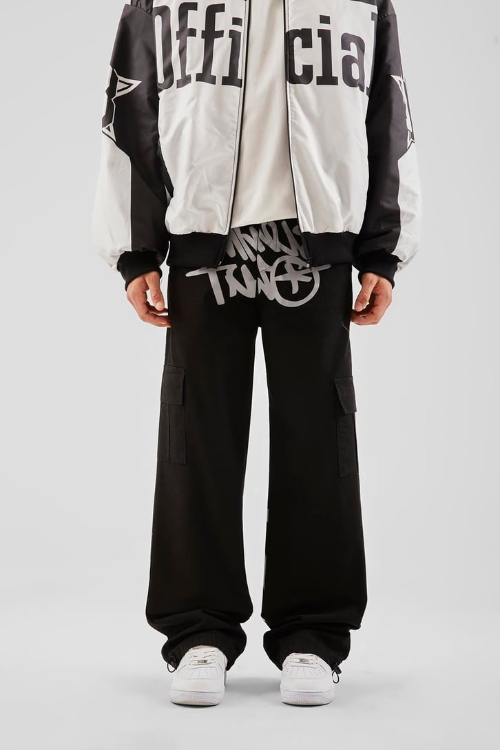 Yazı Baskılı Siyah Baggy Pantolon