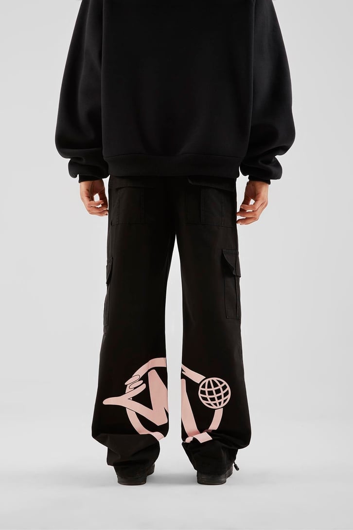 Yazı Baskılı Siyah Baggy Pantolon