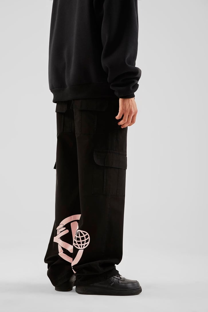 Yazı Baskılı Siyah Baggy Pantolon