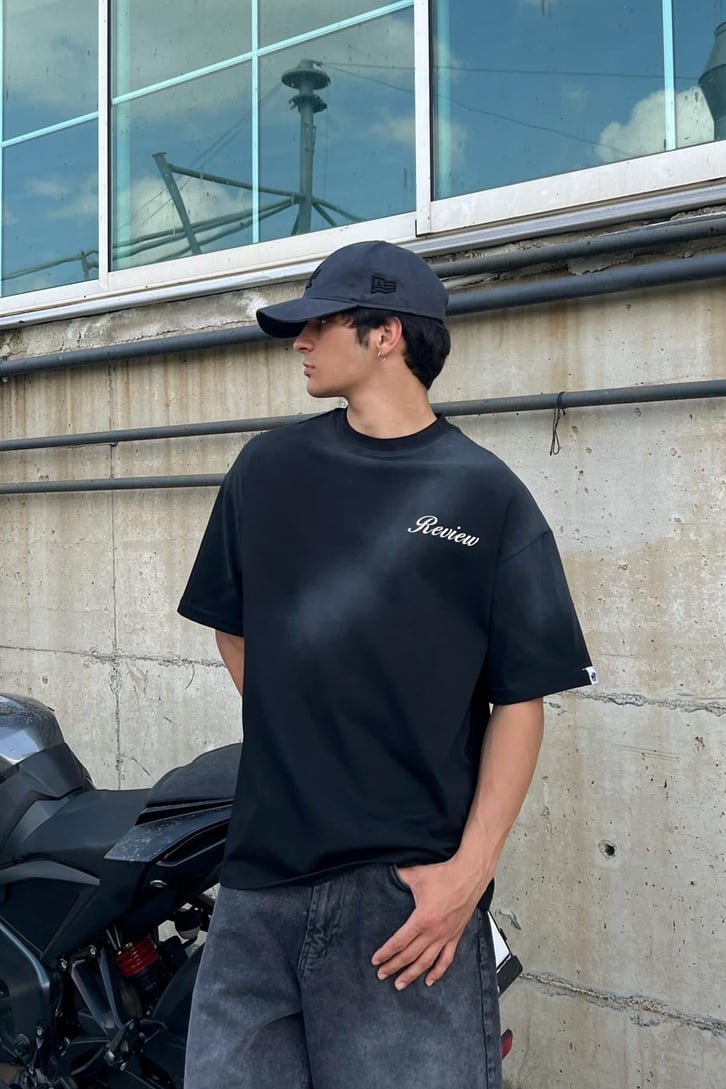 Yazı Baskılı Siyah Oversize Tişört