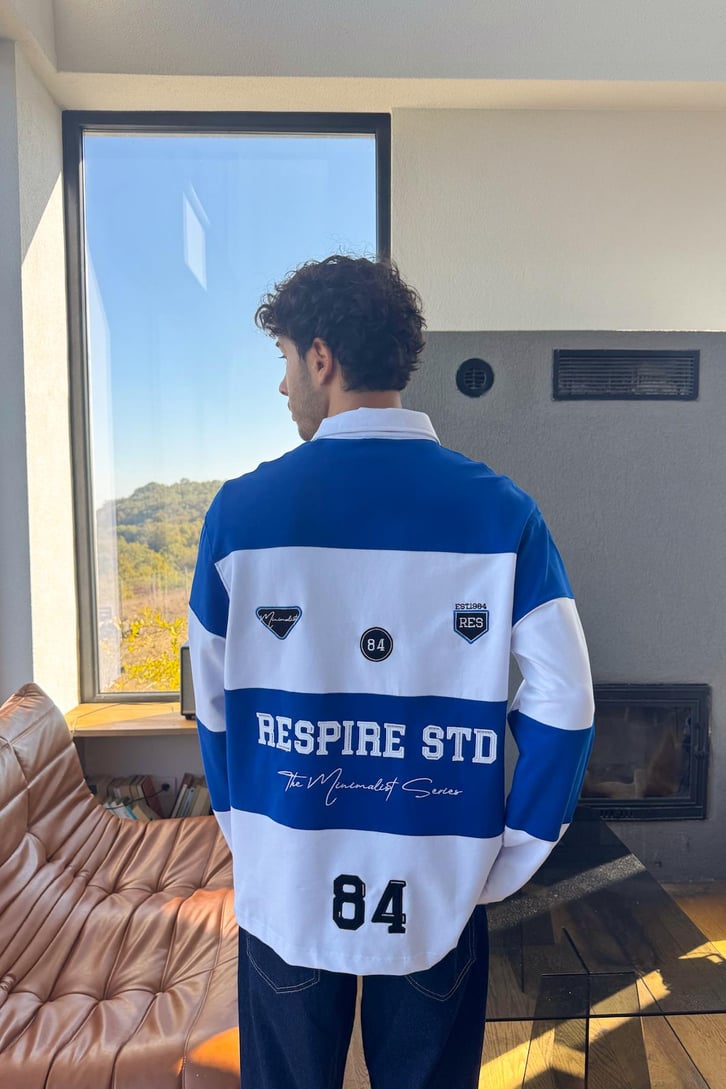 Yazılı Çizgili Polo Yaka Sweatshirt