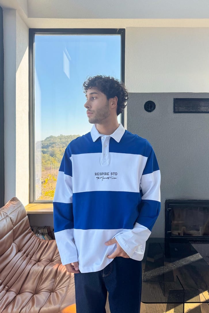Yazılı Çizgili Polo Yaka Sweatshirt
