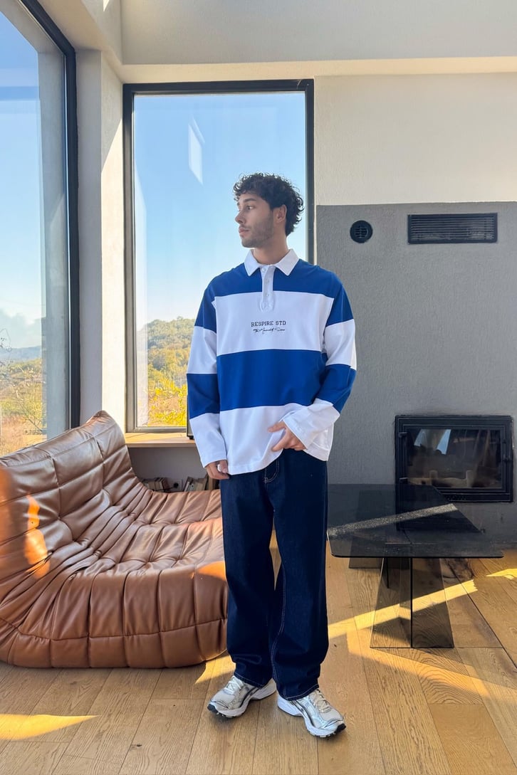 Yazılı Çizgili Polo Yaka Sweatshirt