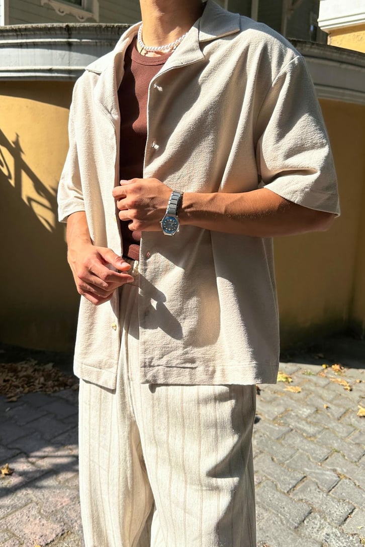 Yazlık Dokulu Örme Oversize Kısa Kol Gömlek