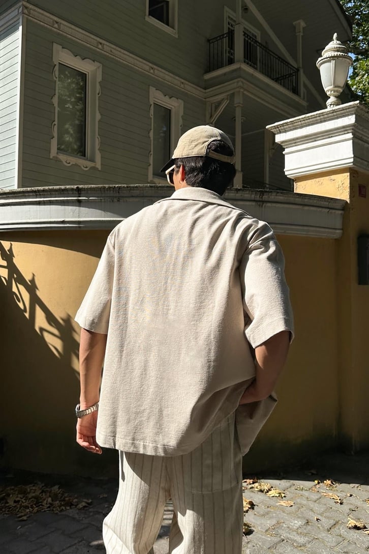 Yazlık Dokulu Örme Oversize Kısa Kol Gömlek