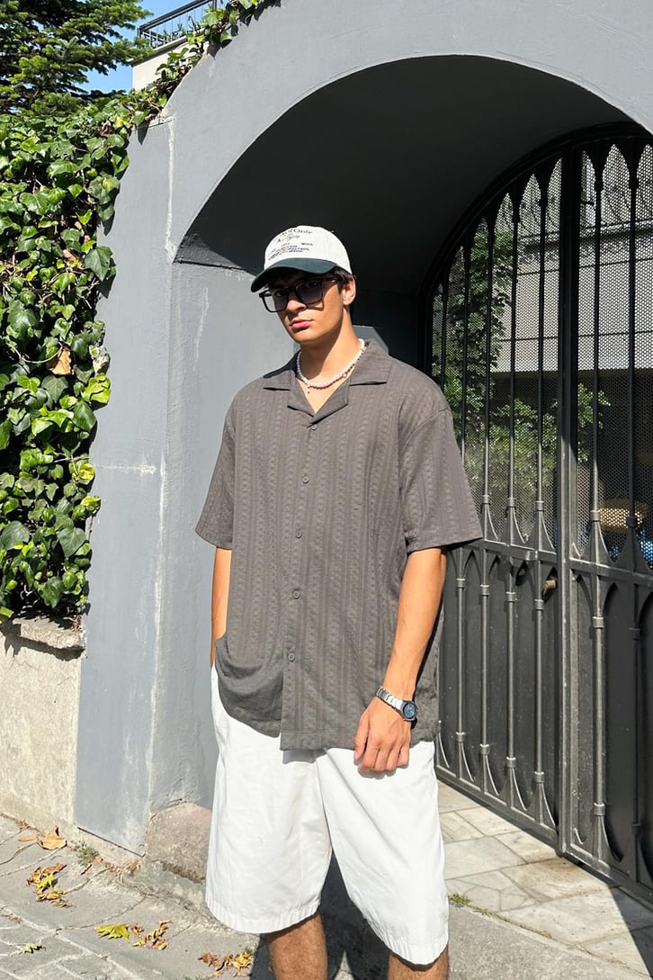 Yazlık Örgü Dokulu Oversize Kısa Kol Gömlek