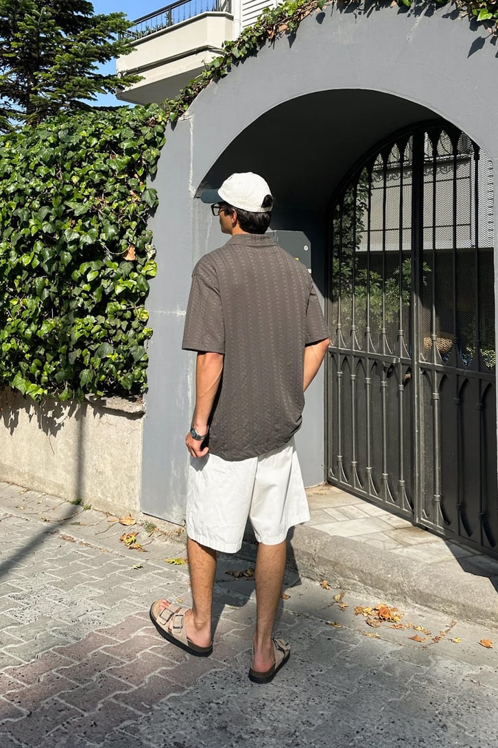 Yazlık Örgü Dokulu Oversize Kısa Kol Gömlek