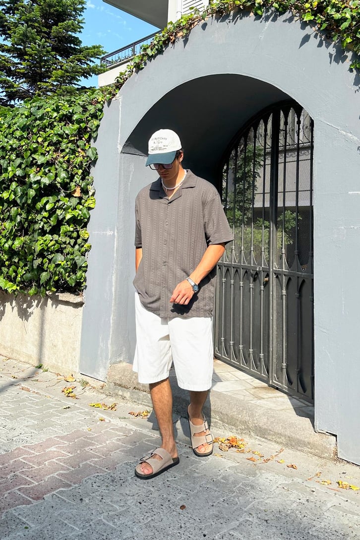 Yazlık Örgü Dokulu Oversize Kısa Kol Gömlek