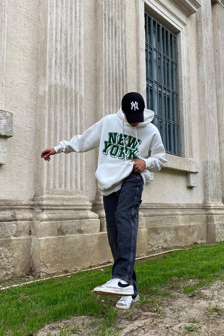 YEŞİL NEW YORK BASKILI OVERSIZE HOODIE