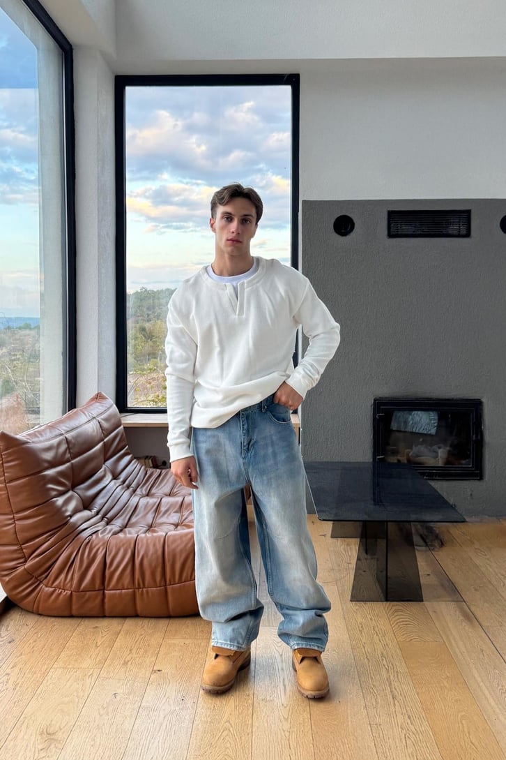 Yıkamalı Çizgili Baggy Jean