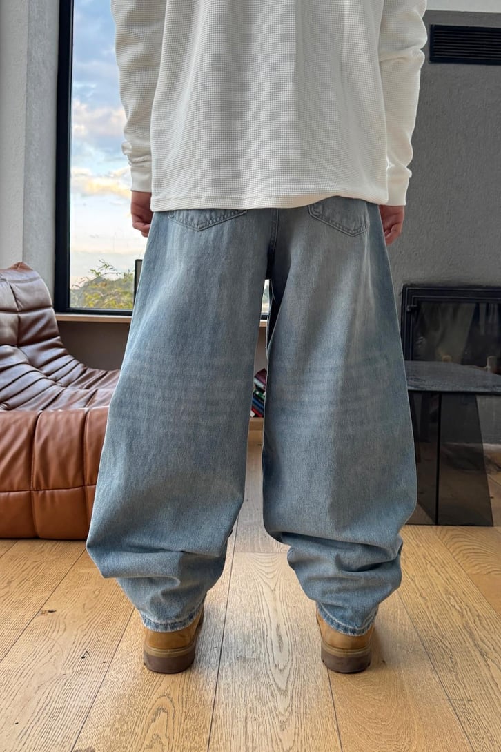 Yıkamalı Çizgili Baggy Jean