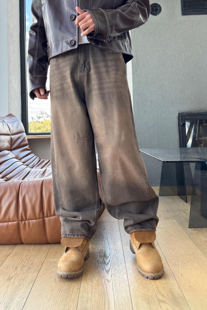 Yıkamalı Çizgili Baggy Jean