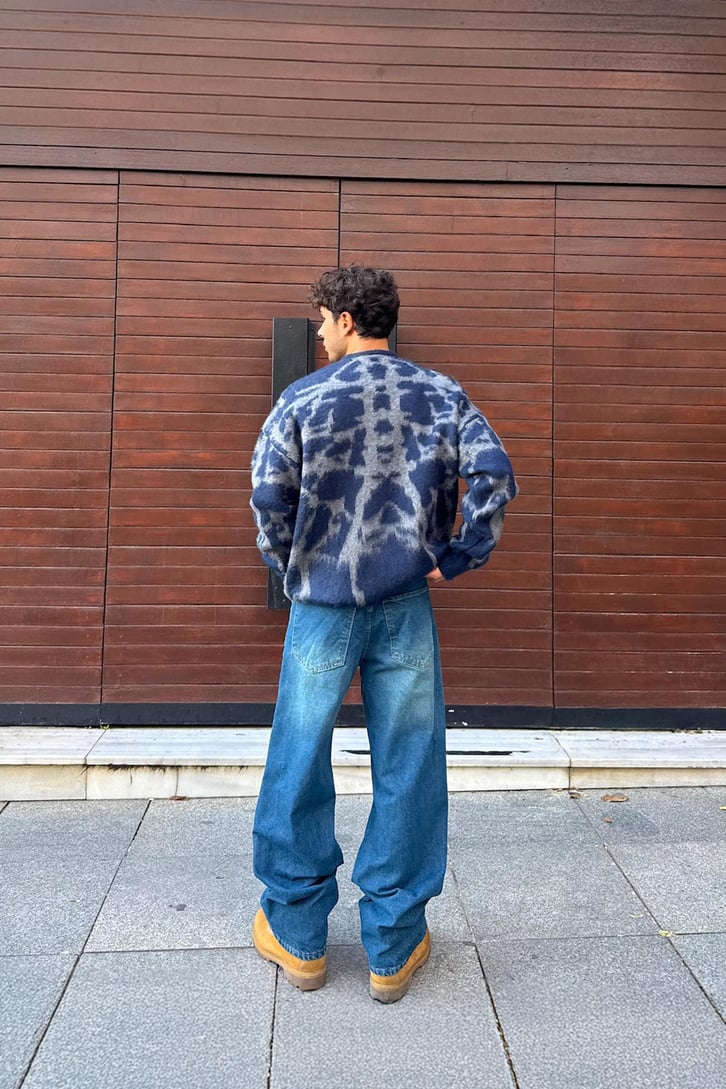 Yıkamalı Çizgili Baggy Jean
