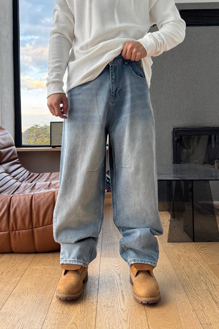 Yıkamalı Çizgili Baggy Jean