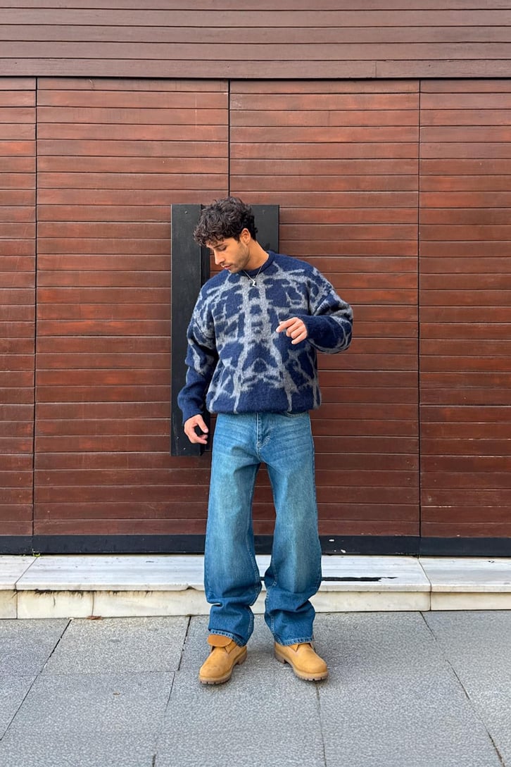 Yıkamalı Çizgili Baggy Jean
