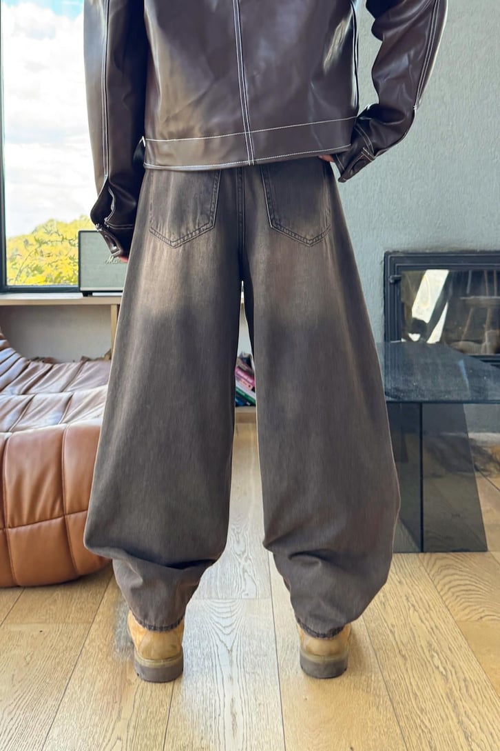 Yıkamalı Çizgili Baggy Jean