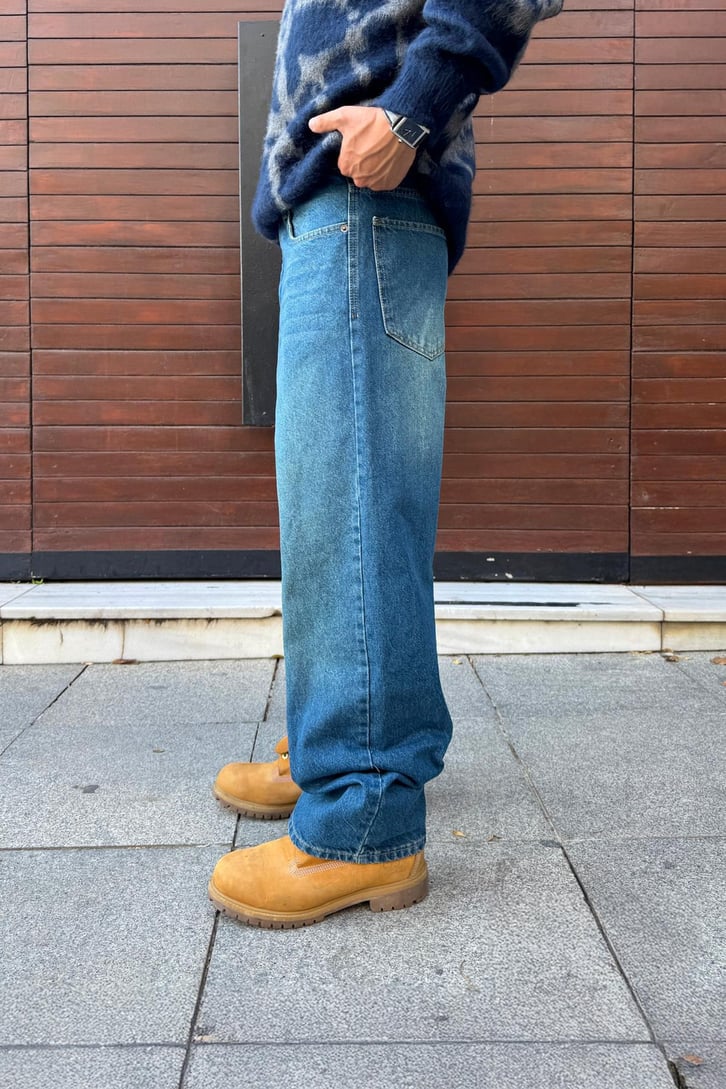Yıkamalı Çizgili Baggy Jean