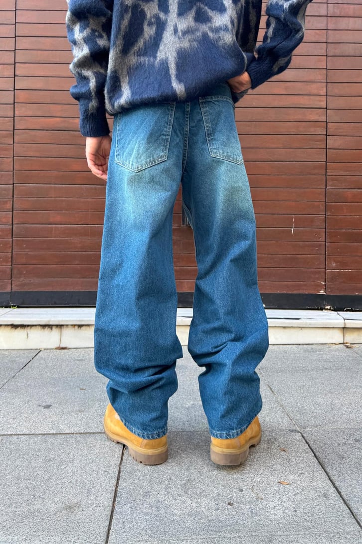 Yıkamalı Çizgili Baggy Jean