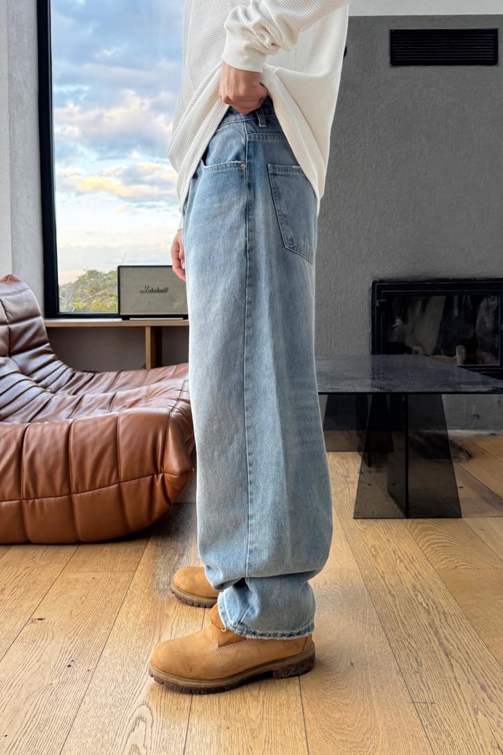 Yıkamalı Çizgili Baggy Jean