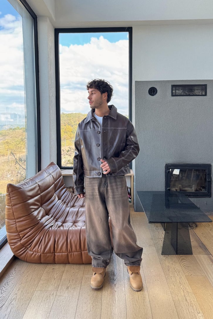 Yıkamalı Çizgili Baggy Jean