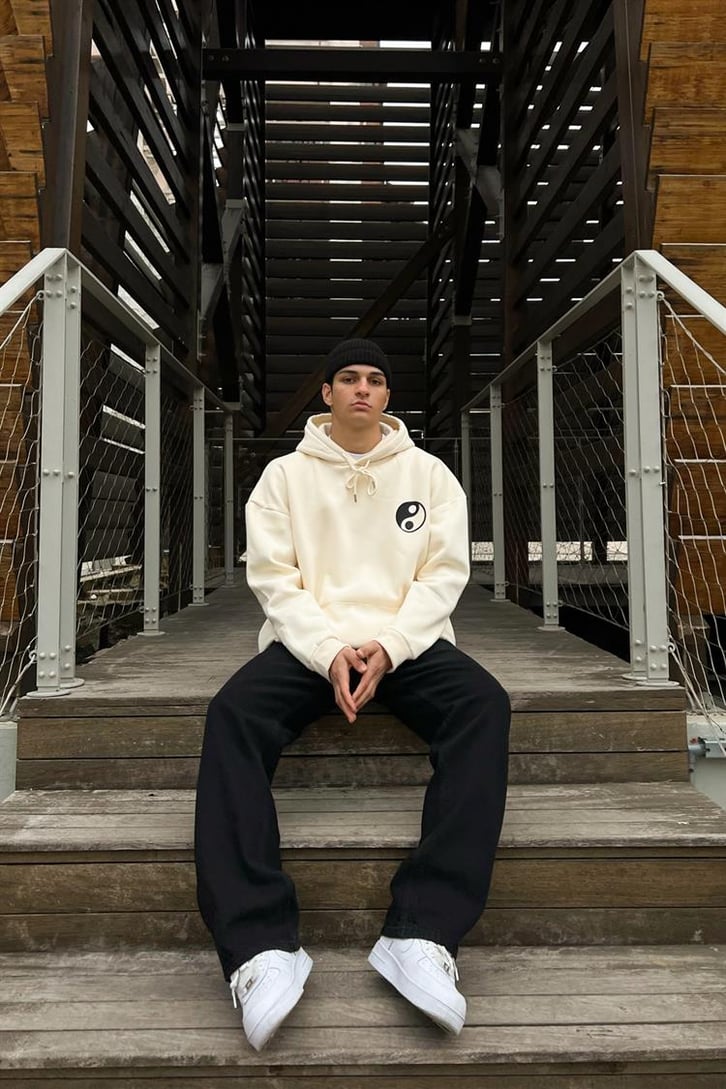Yin-Yang Baskılı Bej Hoodie