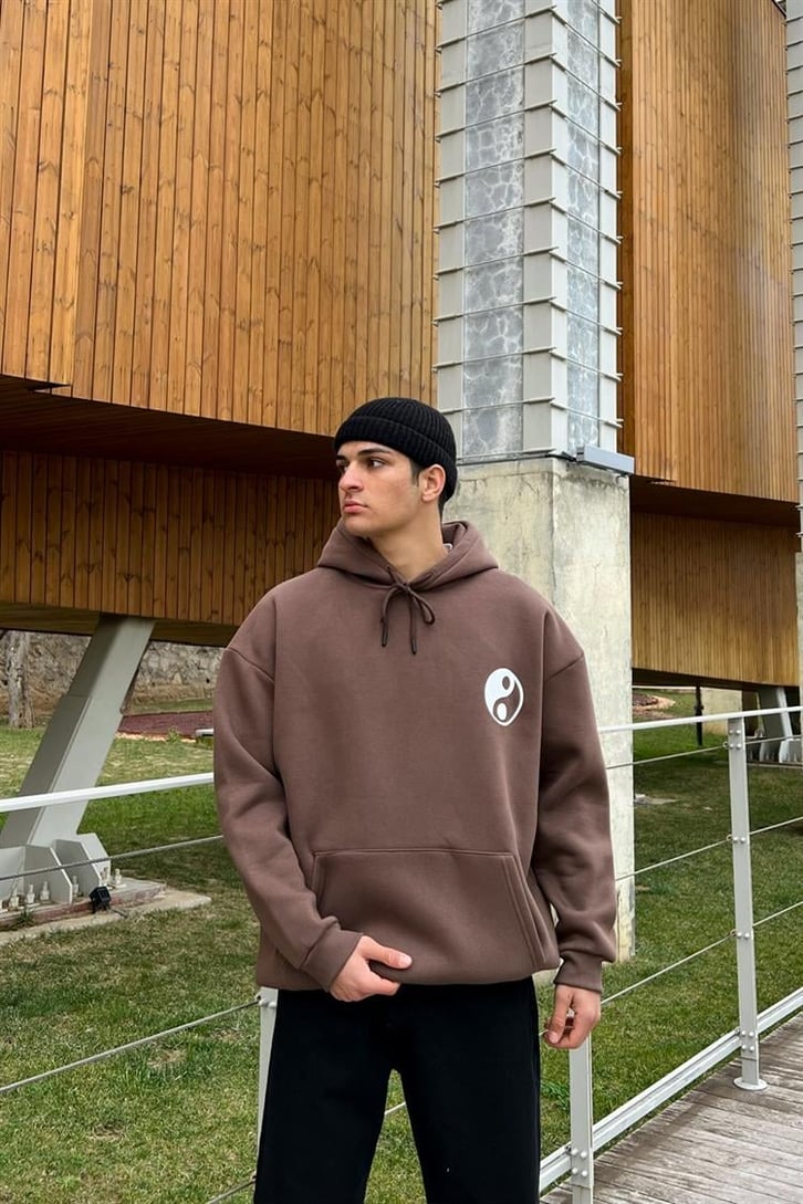 Yin-Yang Baskılı Kahverengi Hoodie