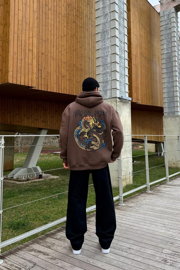 Yin-Yang Baskılı Kahverengi Hoodie