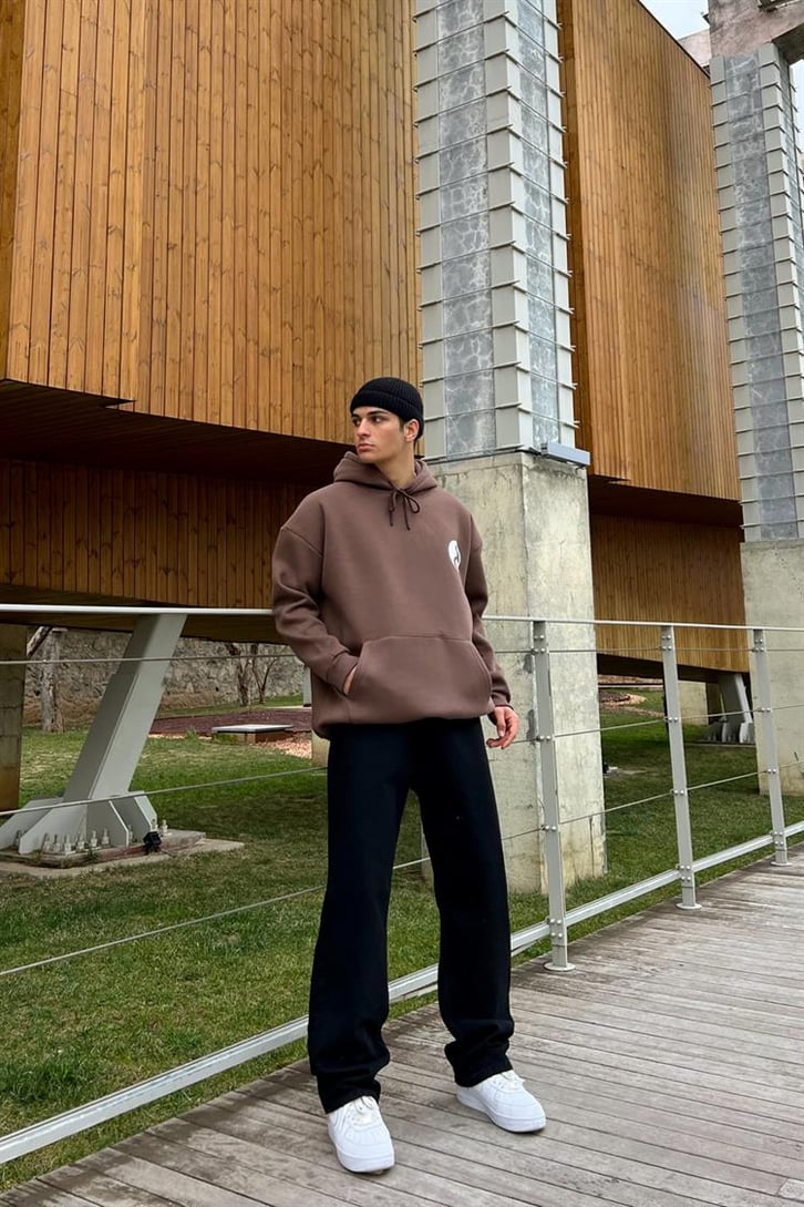 Yin-Yang Baskılı Kahverengi Hoodie