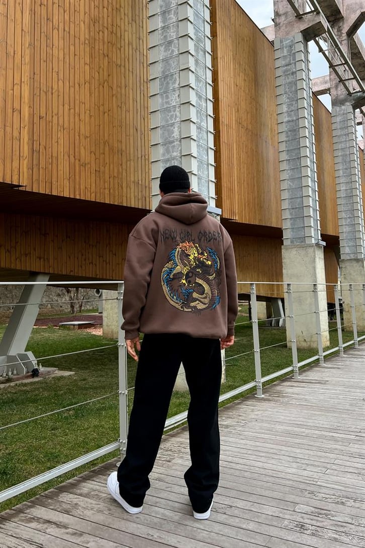 Yin-Yang Baskılı Kahverengi Hoodie