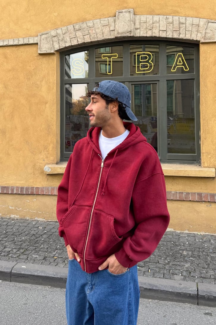 Yırtık Model Fermuarlı Hoodie