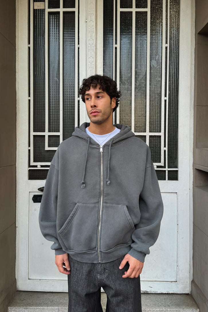 Yırtık Model Fermuarlı Hoodie