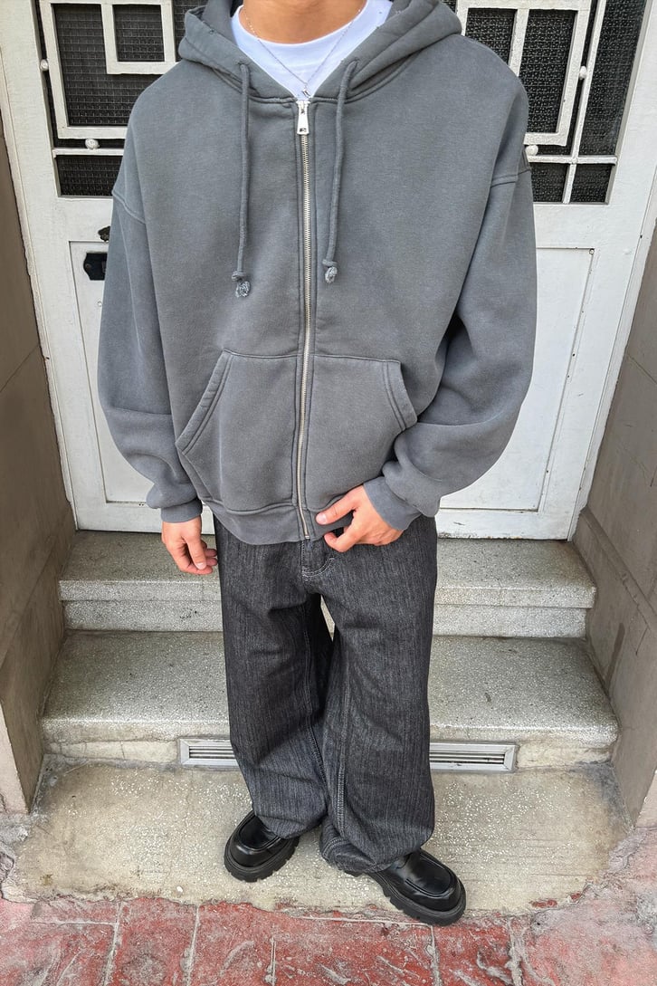 Yırtık Model Fermuarlı Hoodie