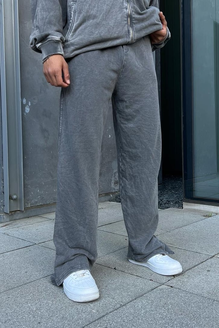 Yırtmaç Detaylı Antrasit Acid Wash Zipper Eşofman Takımı