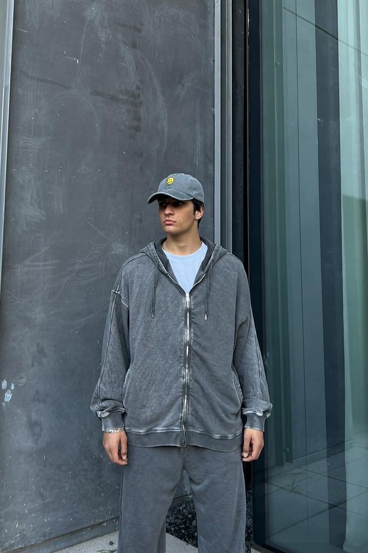 Yırtmaç Detaylı Antrasit Acid Wash Zipper Eşofman Takımı