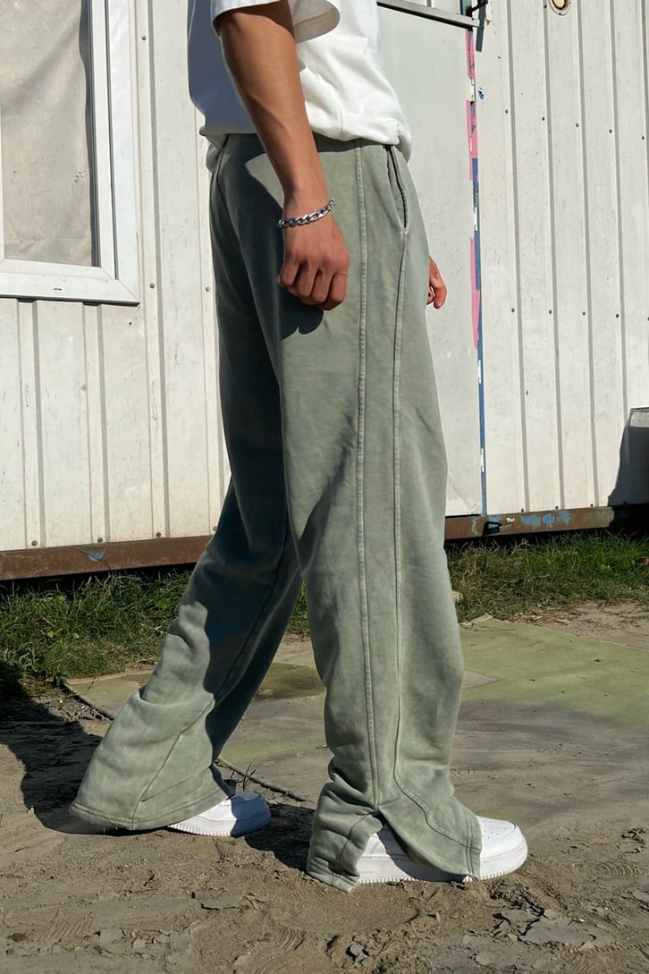 Yırtmaç Detaylı Yeşil Acid Wash Zipper Eşofman Takımı