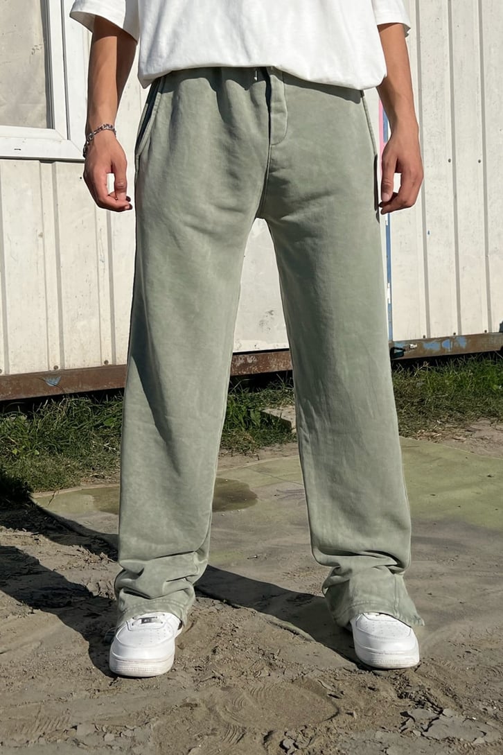 Yırtmaç Detaylı Yeşil Acid Wash Zipper Eşofman Takımı