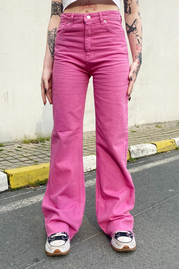 Yüksek Bel Pembe Wide Leg Jean