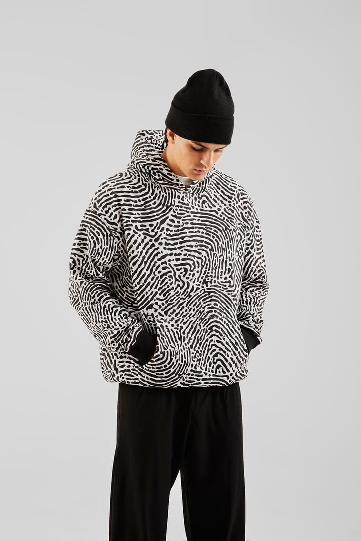 Zebra Baskılı Siyah Oversize Hoodie