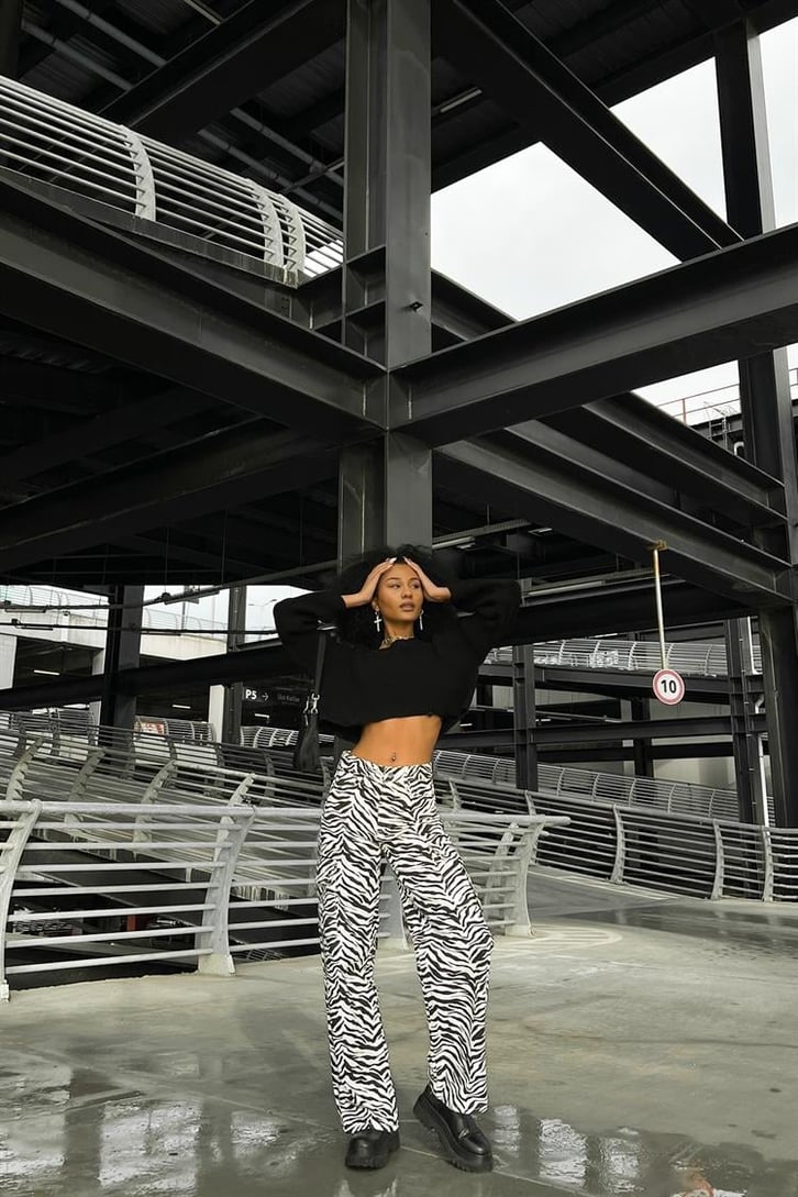 Zebra Desen Siyah Baggy Jean