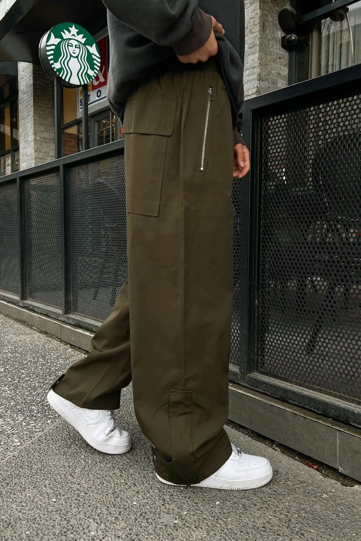 Zipper Haki Paraşüt Kumaş Pantolon