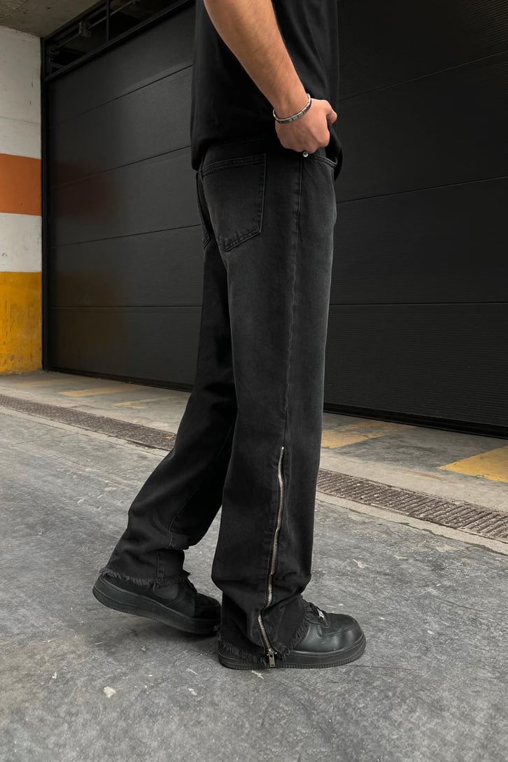 Zipper Siyah Baggy Jean
