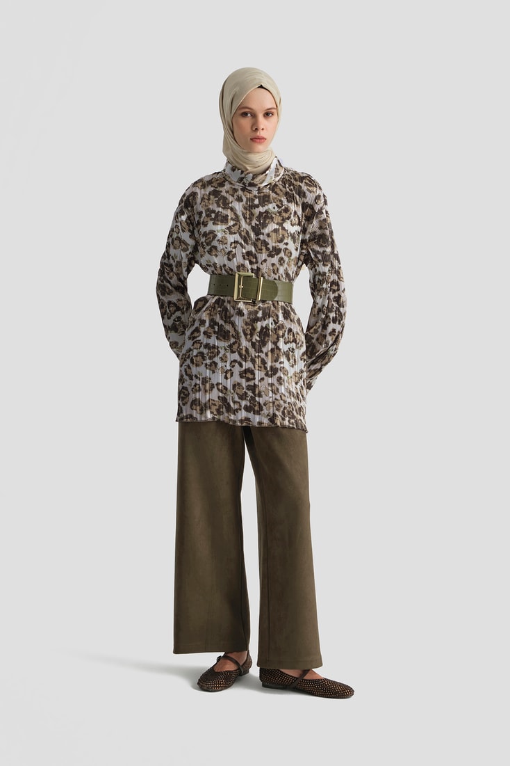 Leopar Desenli Bluz Camel