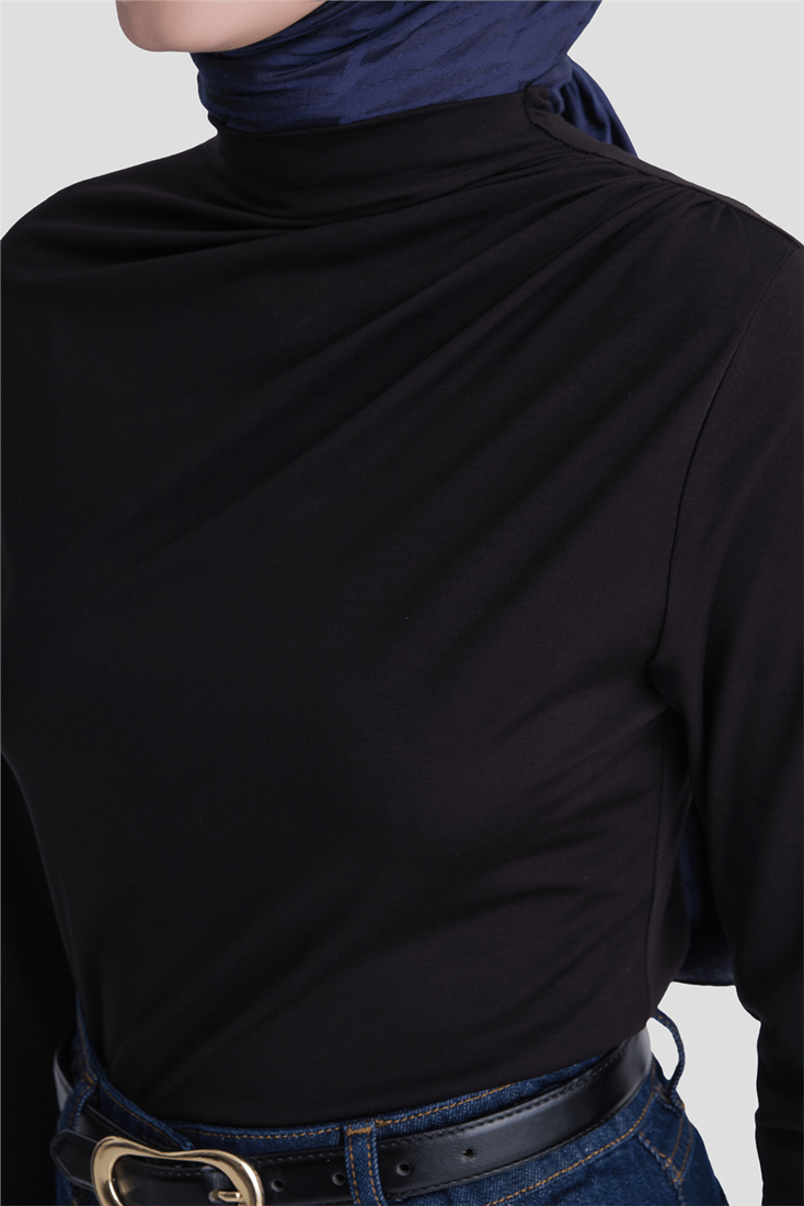 Degaje Yaka Örme Rayon Bluz Siyah