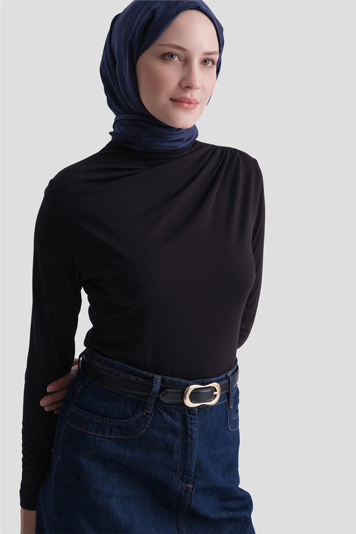 Degaje Yaka Örme Rayon Bluz Siyah