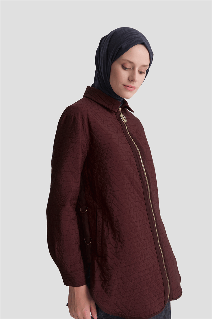 Jakarlı Fermuarlı Ceket Bordo 