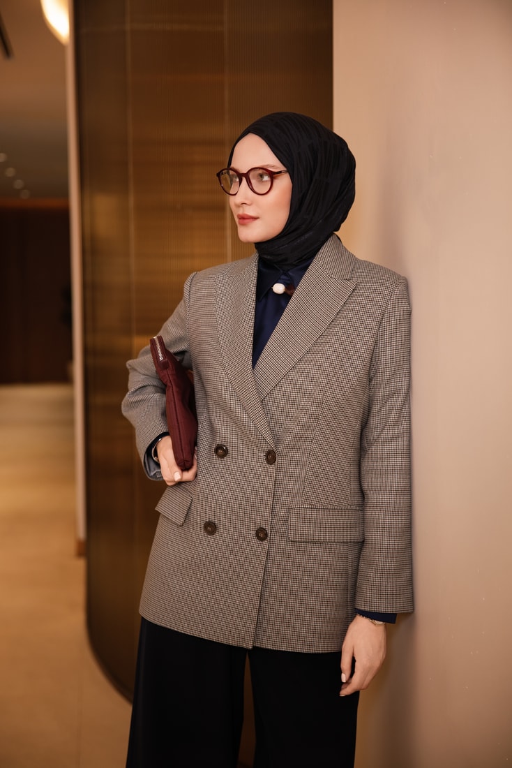 Pullu Ekose Desen Blazer Ceket Gri 